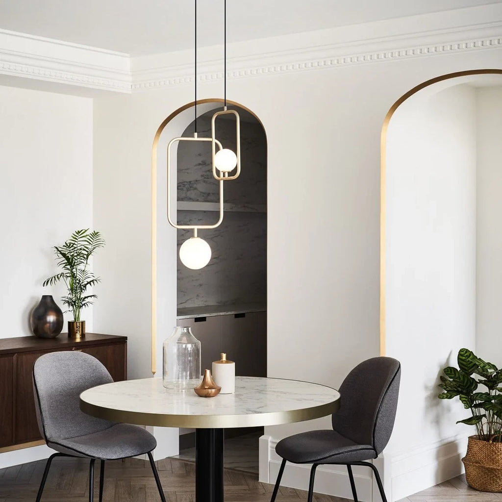 Rectangular Frame Opal Globe Pendant, above a round dining table