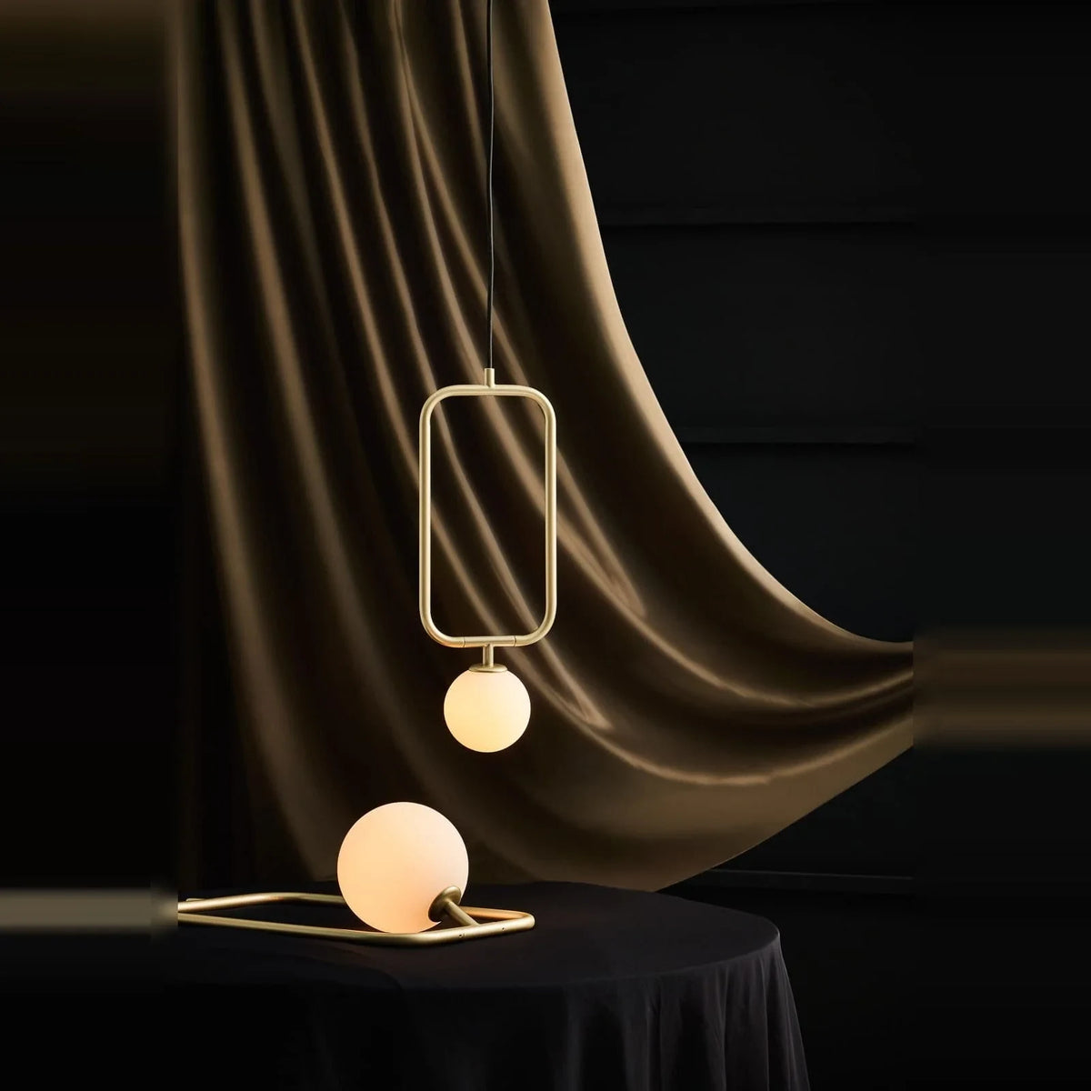 Rectangular Frame Opal Globe Pendant, in champagne gold against a dark drape