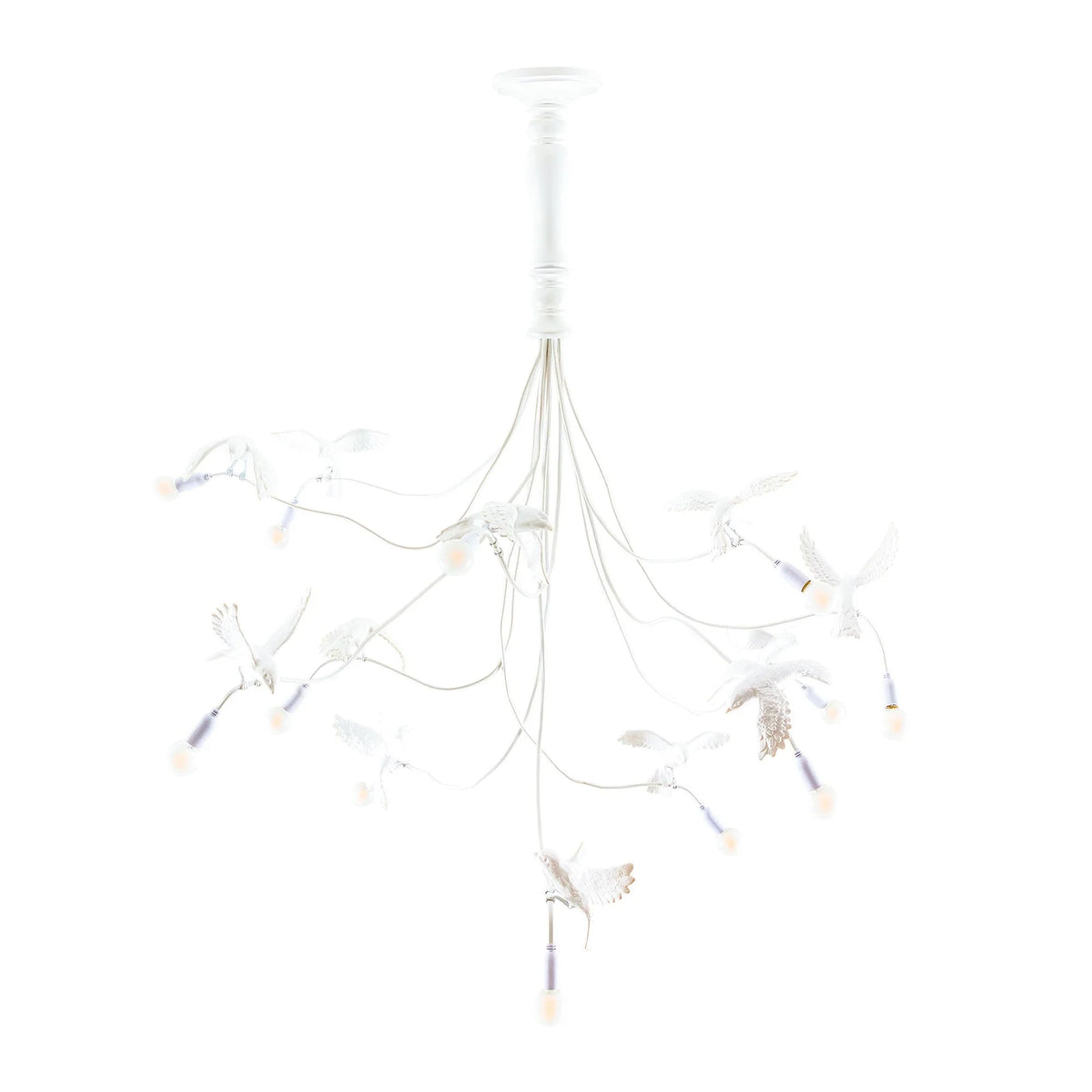 Resin bird chandelier, with twelve birds perched along a branching cord