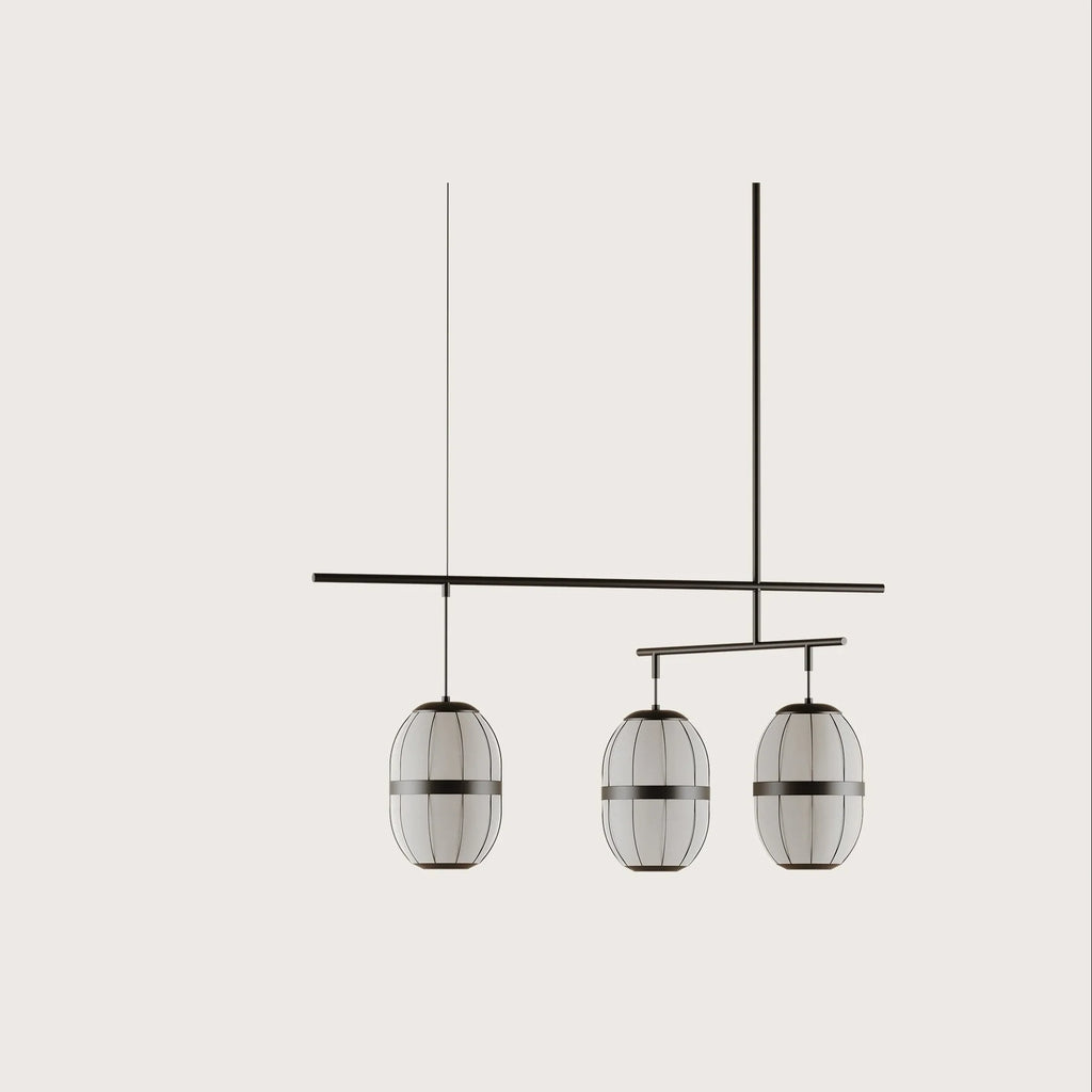 Ribbed cage three-light pendant, on a plain background