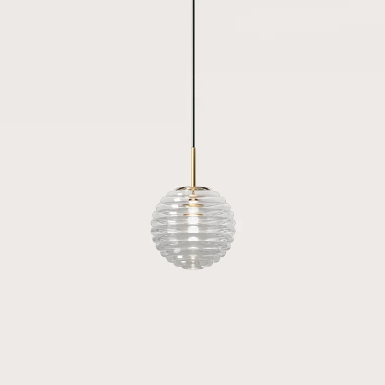 Ribbed glass globe pendant, with aged gold stem