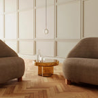 Ribbed glass globe pendant, in a living room