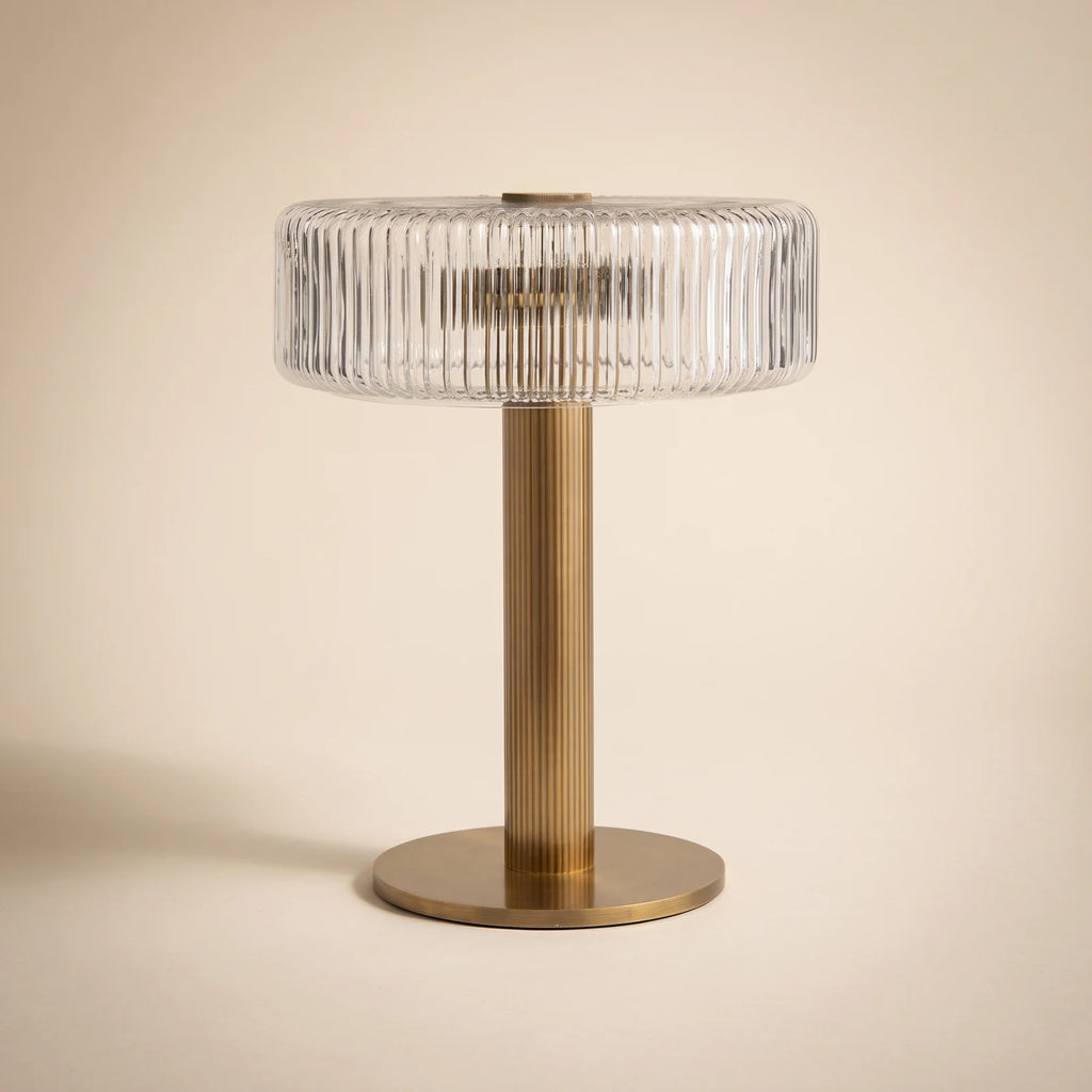 Ribbed glass table lamp with gold column base