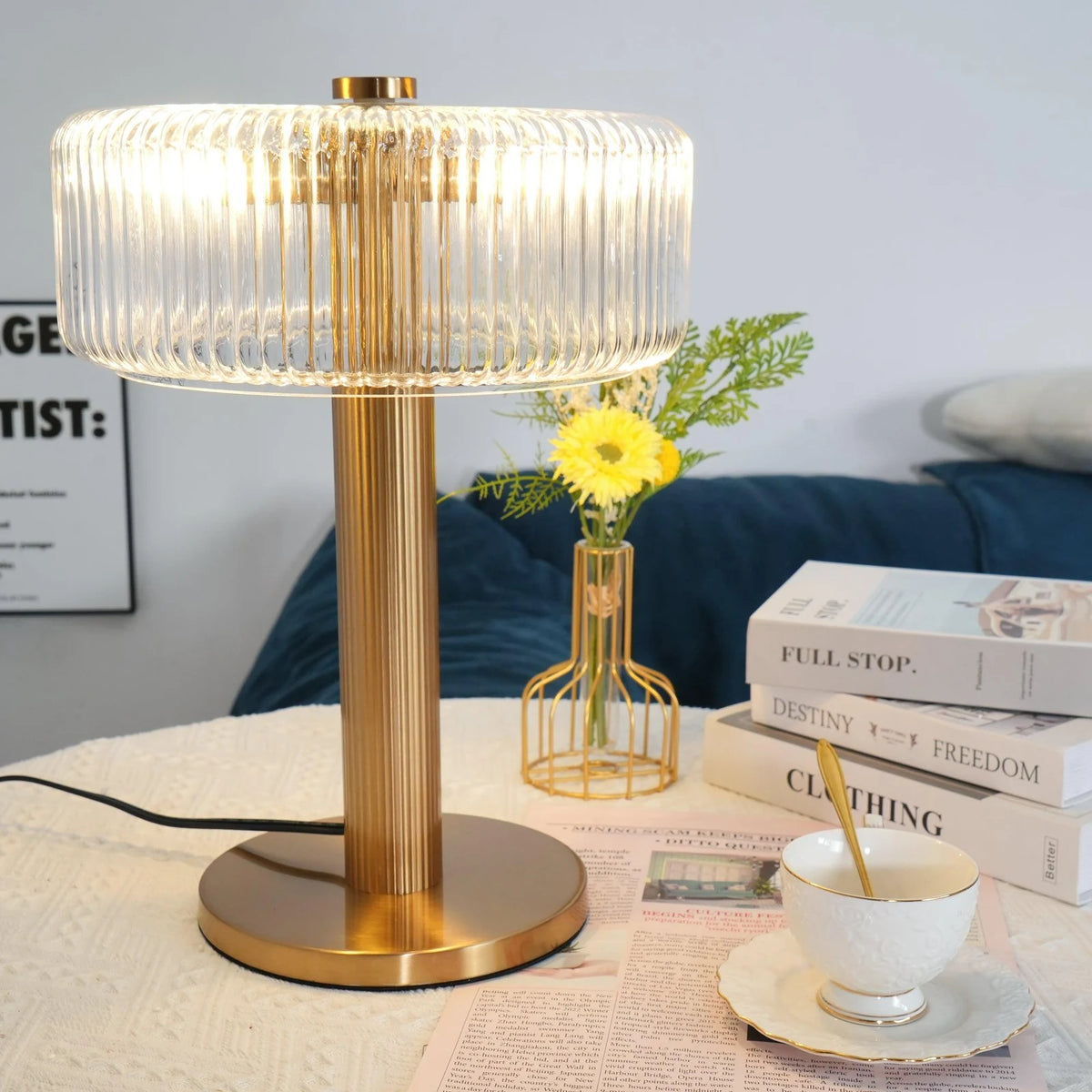 Ribbed glass table lamp with gold column base