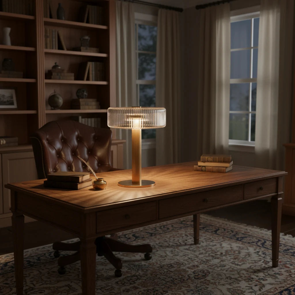 Ribbed glass table lamp with gold column base