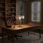 Ribbed glass table lamp with gold column base