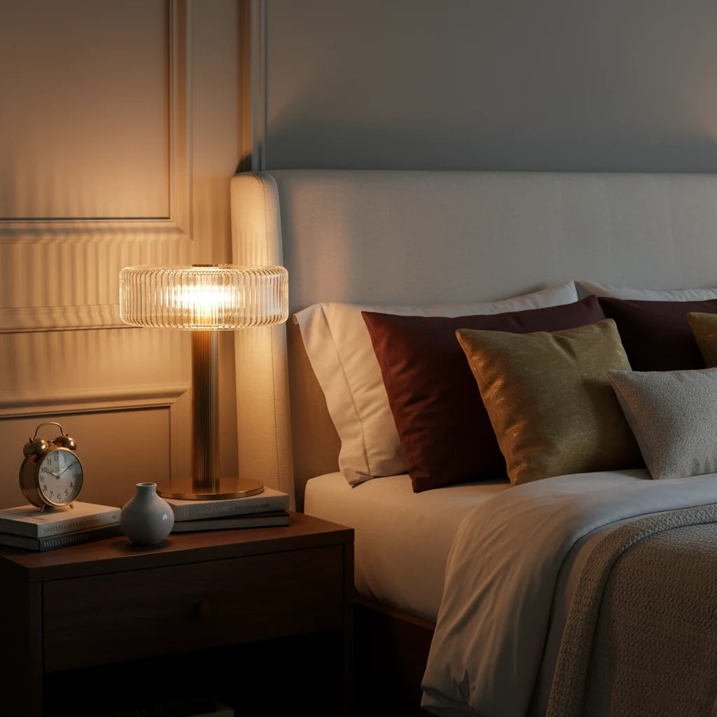 Ribbed glass table lamp with gold column base