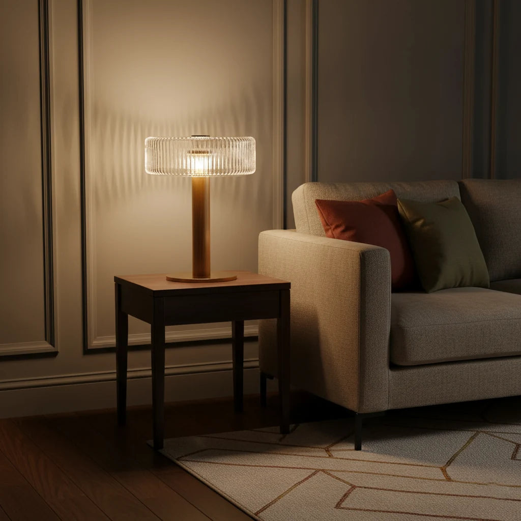 Ribbed glass table lamp with gold column base