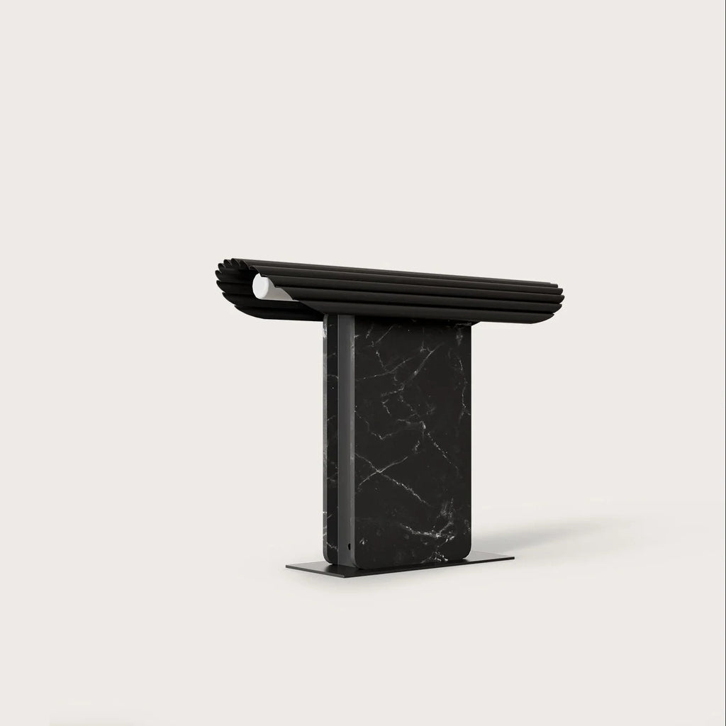 Ribbed head table lamp on marble column, in matte black with black marble