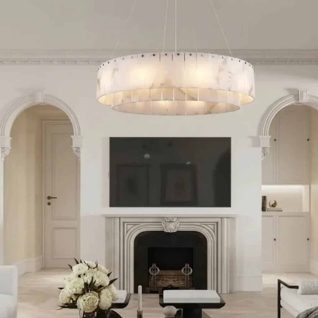 Stone-effect ring chandelier, 45cm, lit in a living room