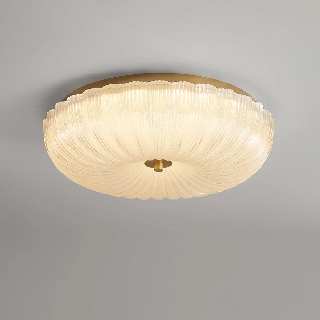 Ripple glass flush ceiling light, lit, close-up