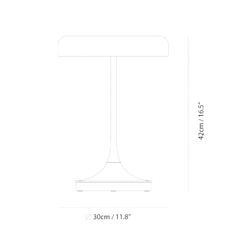 Black disc table lamp with rotating dimmer base, dimension drawing