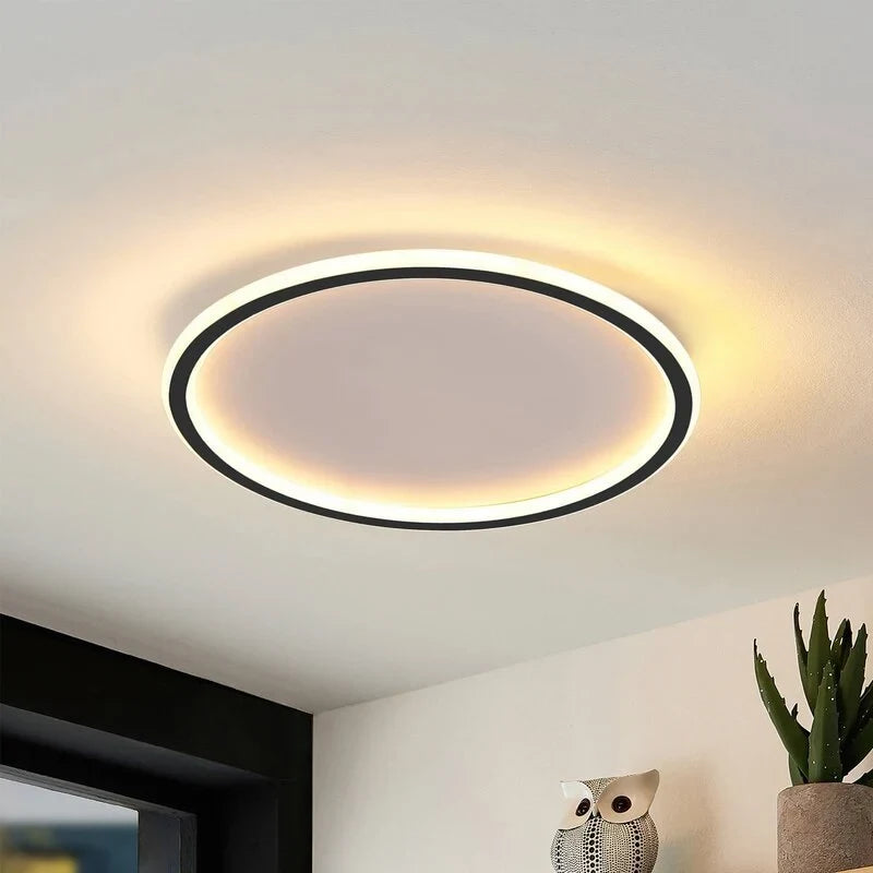 Round LED ring flush ceiling light, 40cm, Black, Warm White