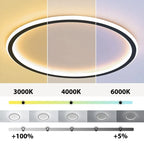 Round LED ring flush ceiling light, showing light colours and dimming