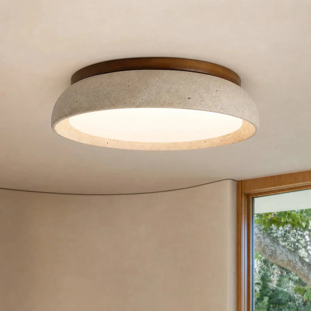 Round travertine flush ceiling light, Travertine, 30cm wide