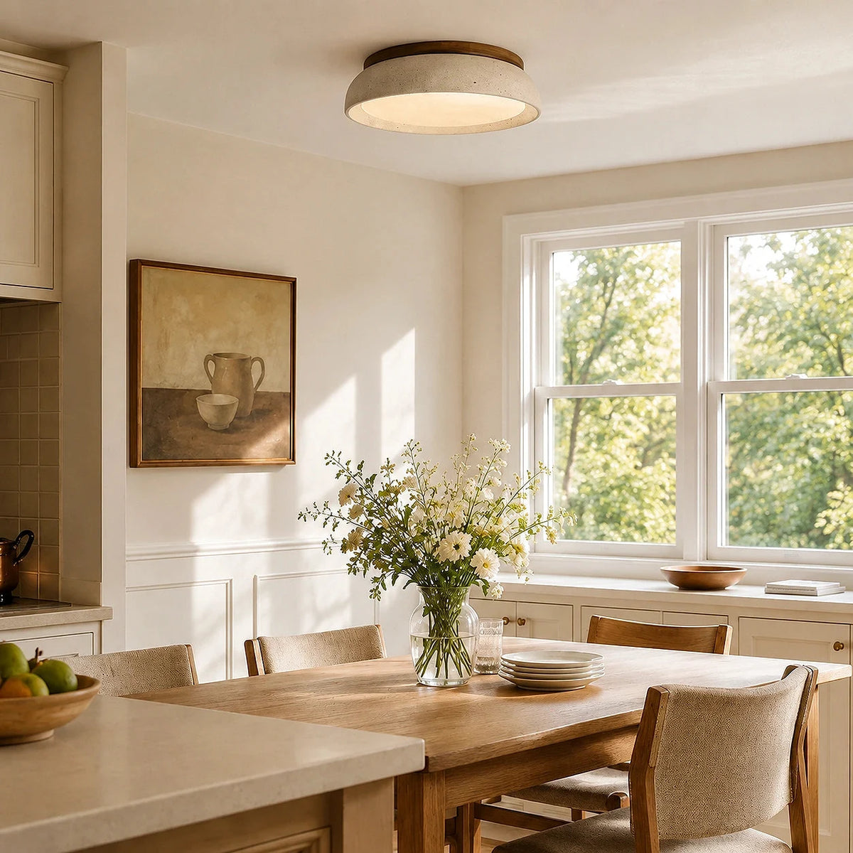 Round travertine flush ceiling light