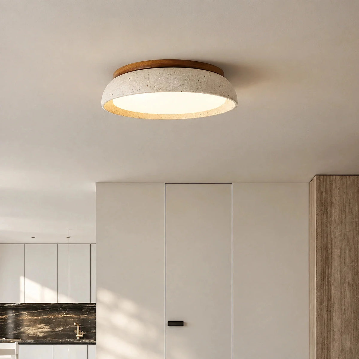 Round travertine flush ceiling light