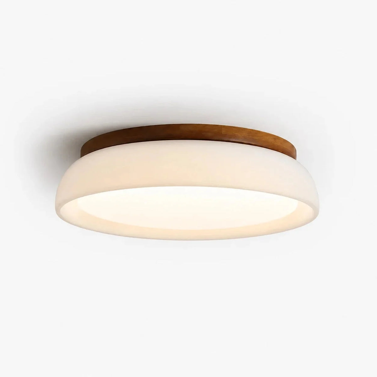 Round travertine flush ceiling light, Frosted Glass, 30cm wide