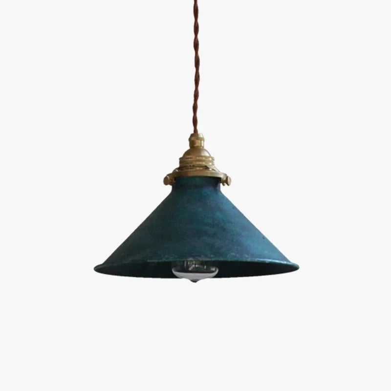 Rustic patina cone pendant light, in blue