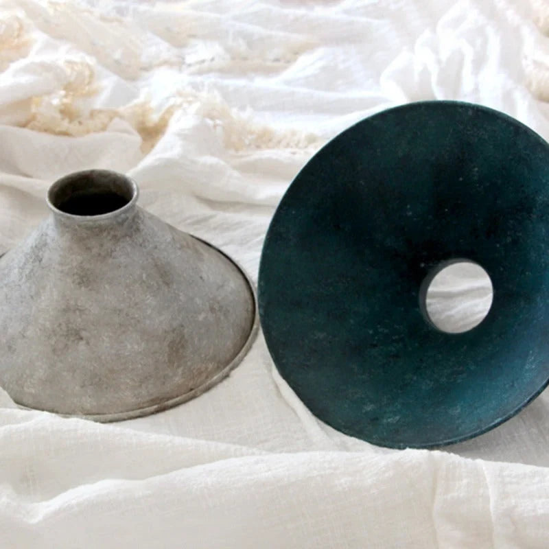 Rustic patina cone pendant light, silver and blue shades