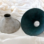 Rustic patina cone pendant light, silver and blue shades