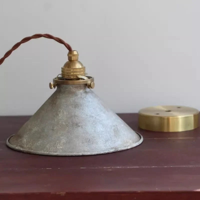 Rustic patina cone pendant light, in silver