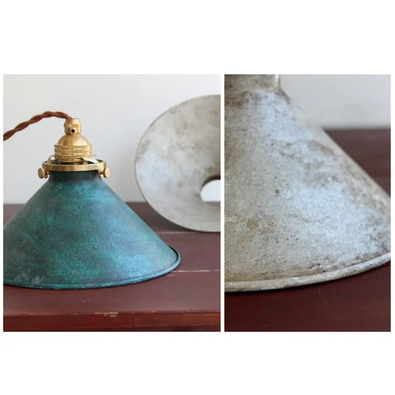 Rustic patina cone pendant light, in blue and silver