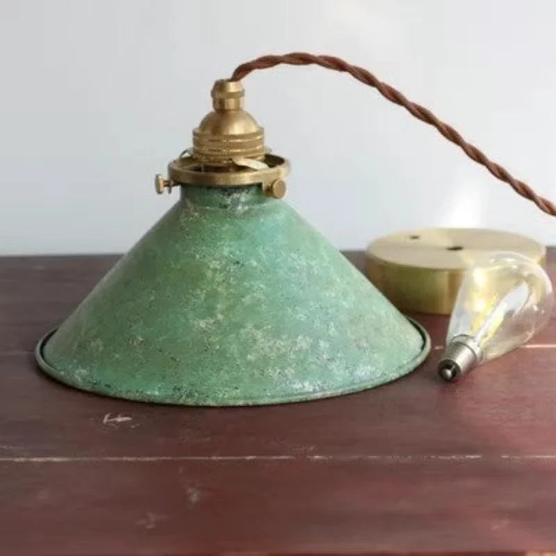 Rustic patina cone pendant light, in green