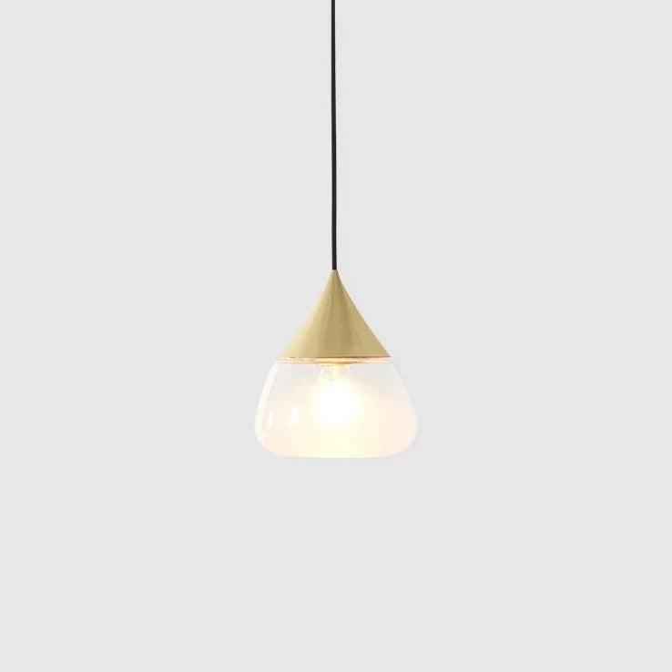 Sandblasted glass cone pendant, with champagne gold cap, lit