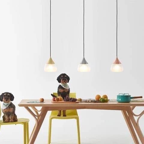 Sandblasted glass cone pendant, three pendants above a dining table