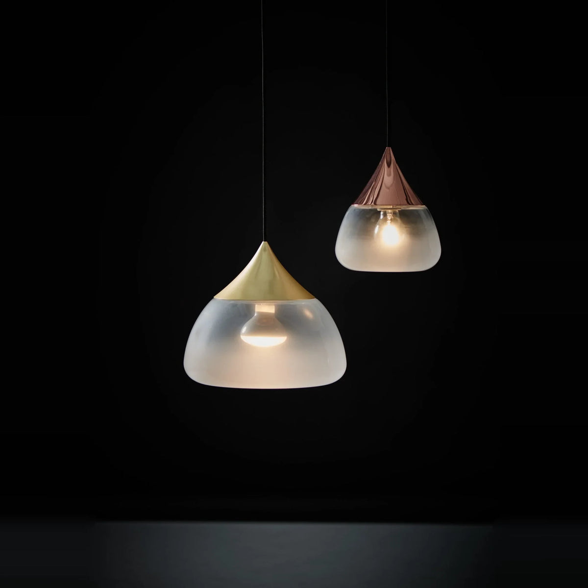 Sandblasted glass cone pendant, close-up of the frosted glass shades