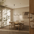Scalloped opal glass linear pendant, above a dining table