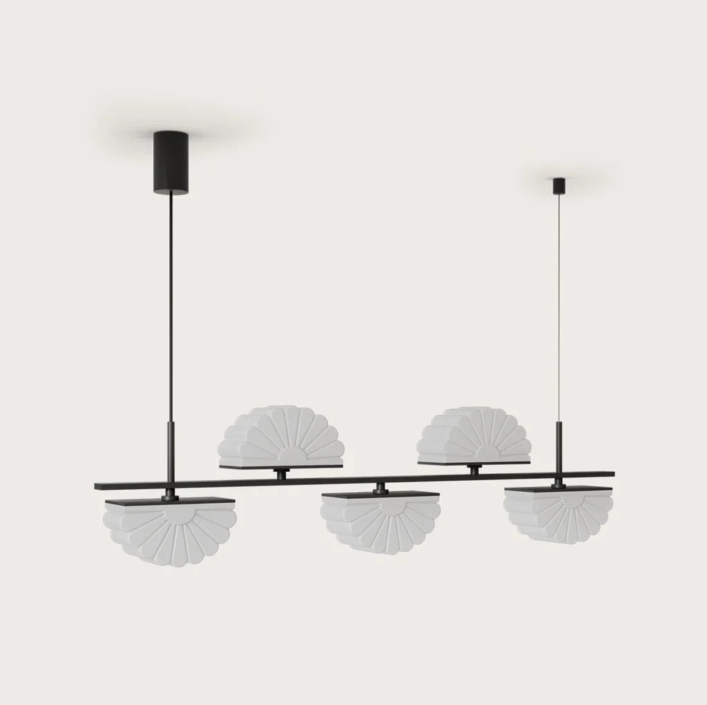 Scalloped opal glass linear pendant, in matte black, front view