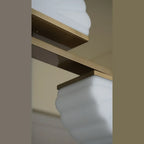 Scalloped opal glass linear pendant, detail of a shade and bar