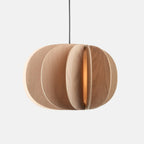 Sculptural white oak pendant, lit, on a plain background