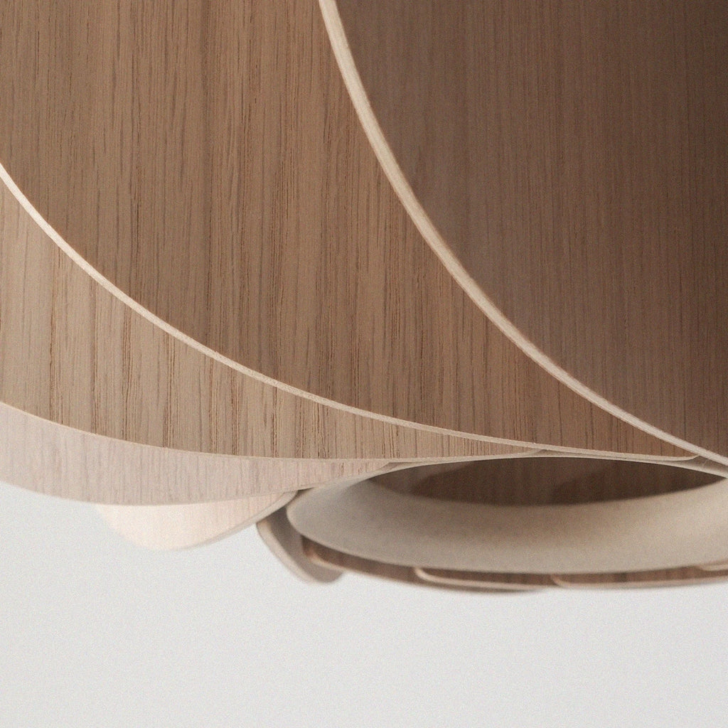 Sculptural white oak pendant, detail of the fin edges from below