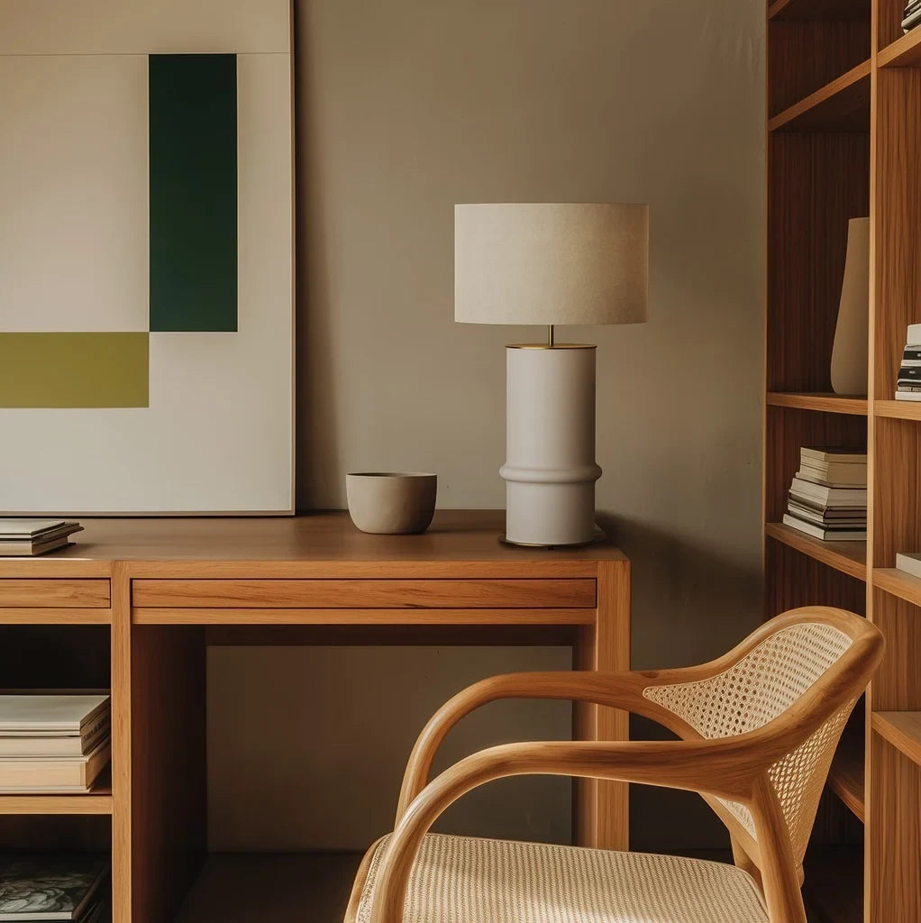 Segmented ceramic column table lamp, on a desk, with a shade (not included)