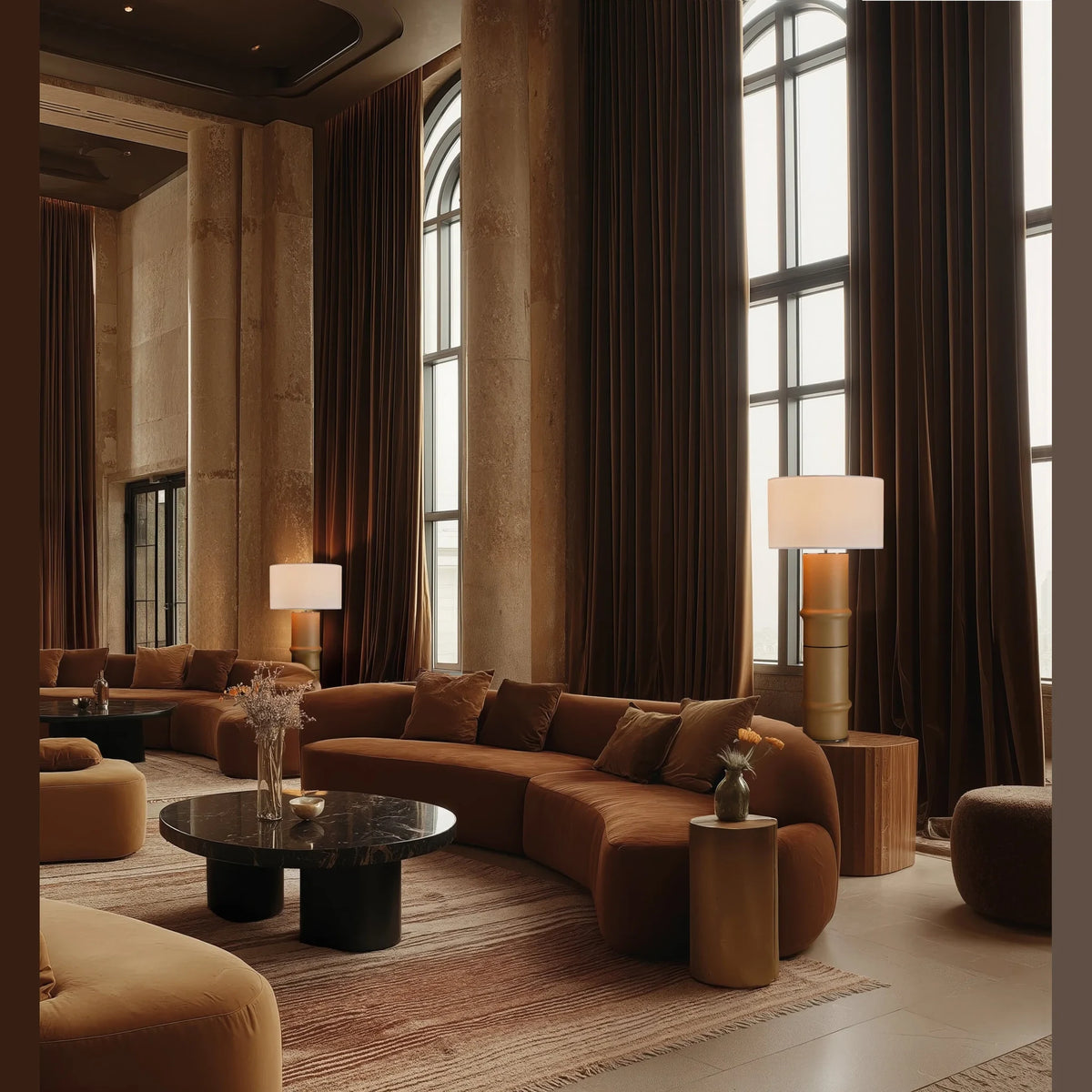 Segmented ceramic column table lamp, in a large living room, with a shade (not included)
