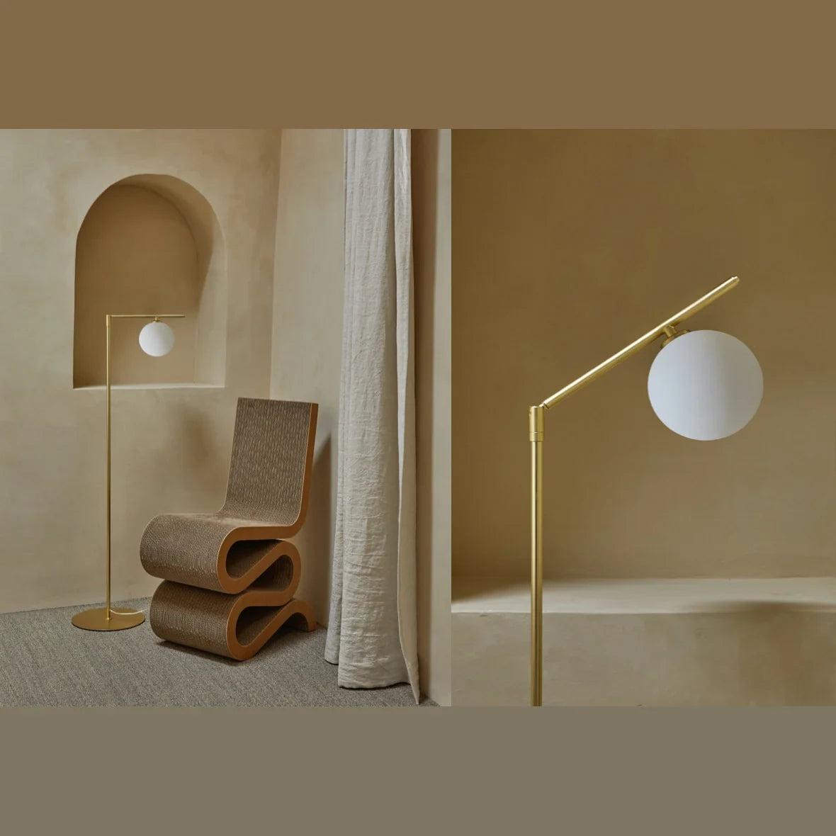 Slim articulated floor lamp with opal glass globe, matte brass, in a styled corner