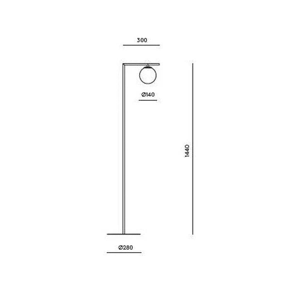 Slim articulated floor lamp with opal glass globe, matte brass, dimension drawing
