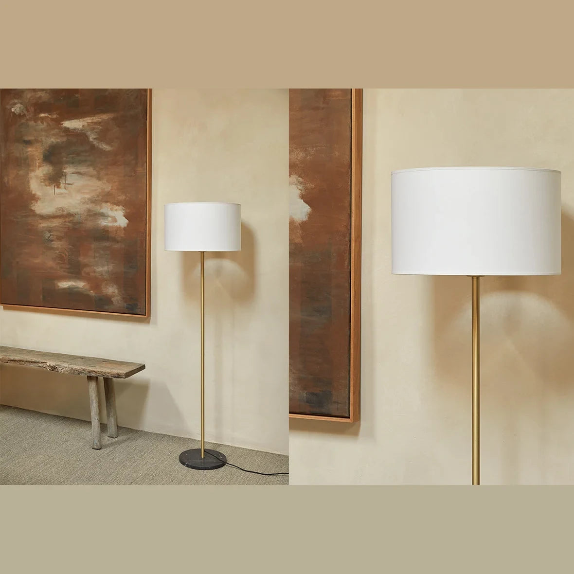 Slim column floor lamp with marble base, shown with a white drum shade (shade not included) in a living space