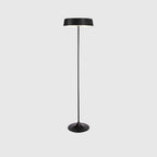 Slim disc LED floor lamp, in black on a plain background