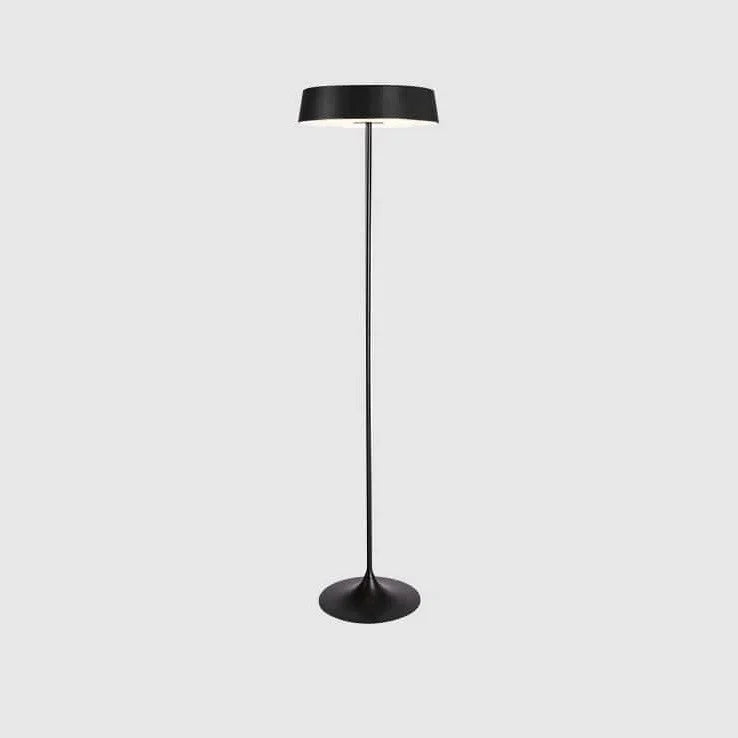 Slim disc LED floor lamp, in black on a plain background