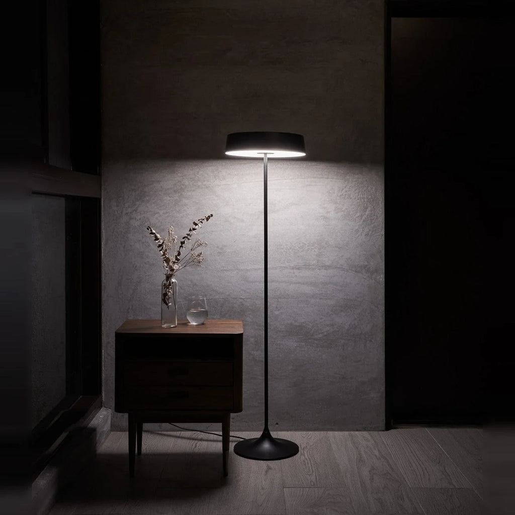 Slim disc LED floor lamp, in black in a dark room