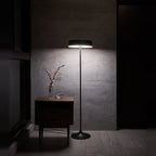 Slim disc LED floor lamp, in black in a dark room