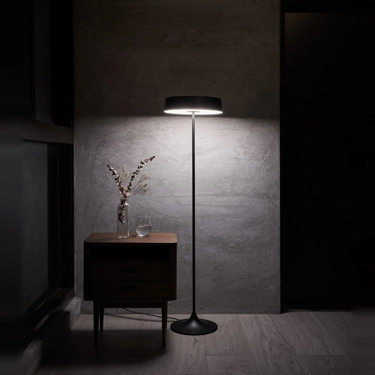 Slim disc LED floor lamp, in black in a dark room