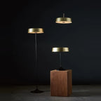 Slim disc LED floor lamp, in champagne gold, with table versions