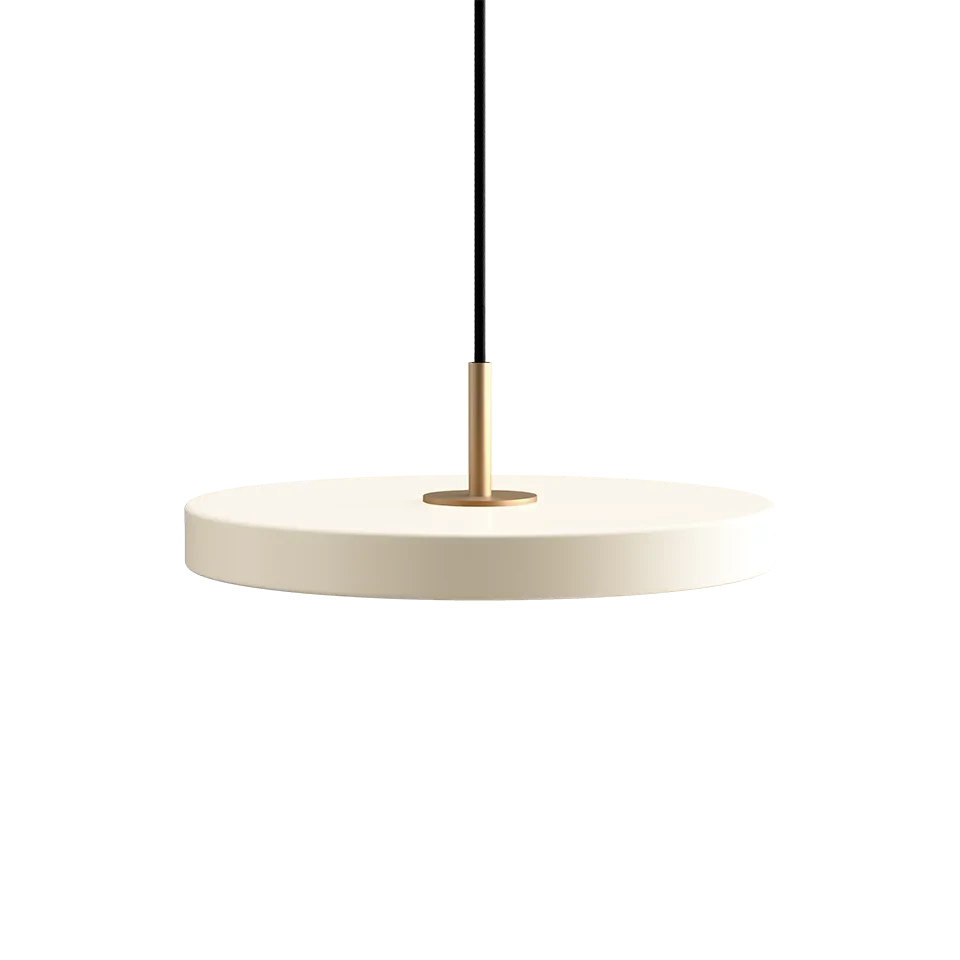 Slim disc LED pendant, 31cm, brass top, in pearl white