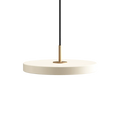 Slim disc LED pendant, 31cm, brass top, in pearl white