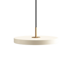 Slim disc LED pendant, 31cm, brass top, in pearl white